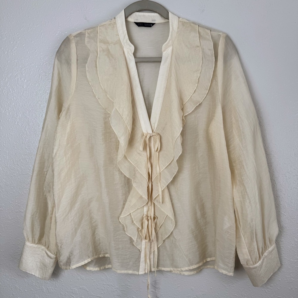 Zara Cream Sheer Ruffled V-Neck Tie Front Blouse Long Sleeve Ivory Top M